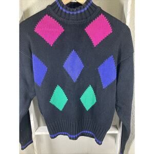 Lizsport Women's Cable Knit Multicolor Argyle Pattern‎ Blue Black Rib Sweater S